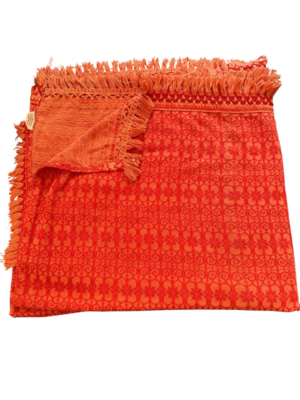 Vintage Bates pumpkin orange woven jacquard fringe bedspread Double size AS IS